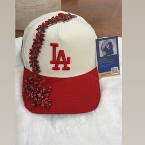 LA Red and White SnapBack Cap with Red Embellishments